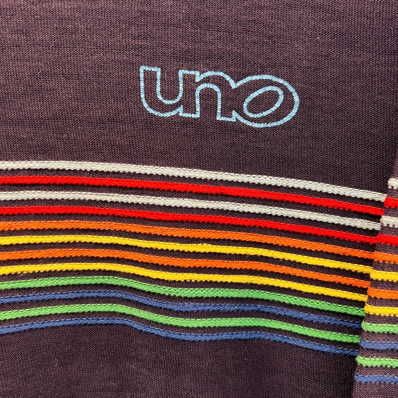 Vintage 70s Velva Sheen Sweater Navy Blue Rainbow UNO Very Lightweight V-Neck L - Picture 4 of 7